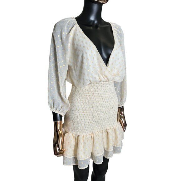 Lulu's All The Cheers Cream and Gold Dotted Smocked Mini Dress Size Medium NWT - Picture 7 of 11